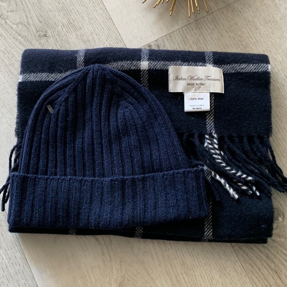 ITALIAN WOOLEN TREASURES Scarf‎ 100% & beanie wool made in Italy navy plaid - Picture 3 of 7